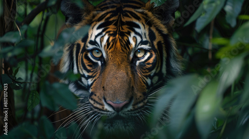 A tiger lurks from the shadows of the dense forest foliage