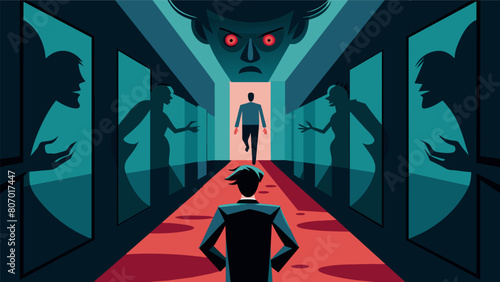A dream sequence in a psychological thriller film where the protagonist is chased by a distorted nightmarish version of themselves as they navigate a.