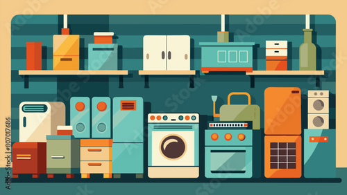 Inside the shop was filled with rows of vintage refrigerators stoves and washing machines in various stages of repair.. Vector illustration