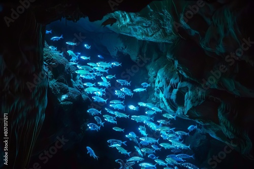 A shoal of bioluminescent fish glowing in the dark depths of an underwater cave photo