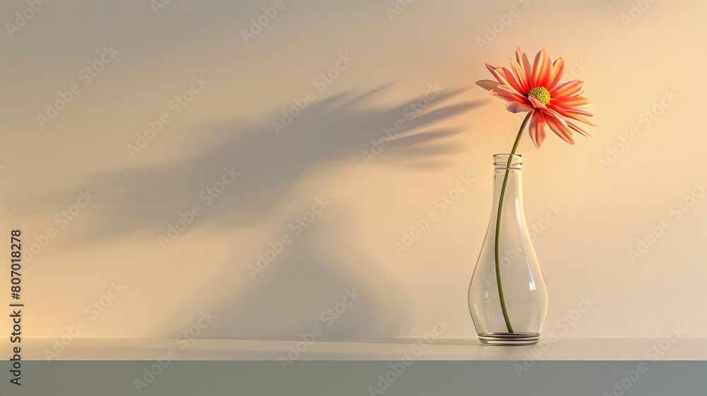 A single flower in a tall, clear vase placed on a simple shelf A single flower in a tall, clear vase placed on a simple shelf