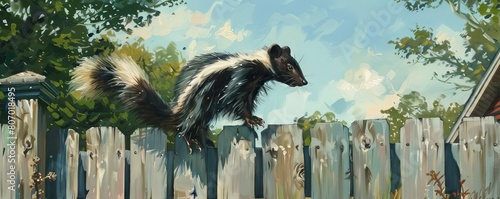 A skunk crossing a backyard fence, unnoticed by the family enjoying a barbecue nearby