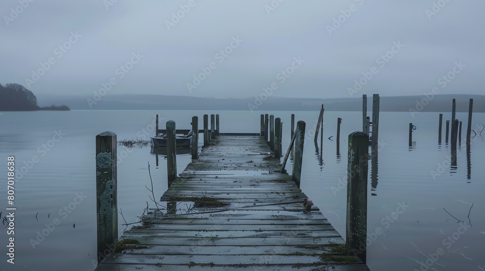 Fototapeta premium A wooden dock juts out into a still lake on a foggy day. The water is calm and still, reflecting the gray sky above.