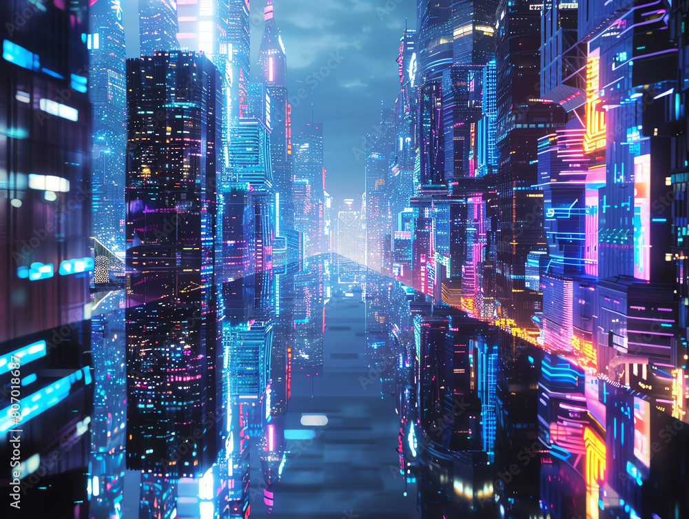 Discover a futuristic cityscape through the eyes of an AI explorer, its towering skyscrapers gleaming with neon lights and mirrored surfaces, reflecting the secrets of urban life Discover a futuristic cityscape through the eyes of an AI explorer, its towering skyscrapers gleaming with neon lights and mirrored surfaces, reflecting the secrets of urban life