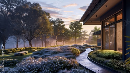 Craftsman style home at dawn, dew glistening on the landscape along winding path. © Faisal Ai