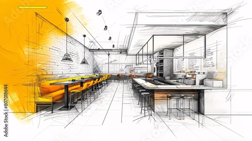 Hand-drawn sketch of a modern restaurant, crafted with black and yellow fineliner pens. Text space enhances the design