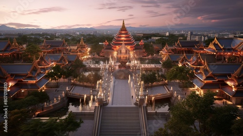 Asian palace and temple illuminated under the noon sun  captured in a stunning aerial landscape view.