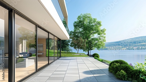 Modern house with large doors and a terrace offering a panoramic lake view.