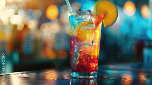 FRESH FRUITY ALCOHOLIC DRINK ON BLURRED BACKGROUND