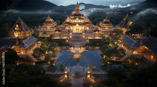 Asian palace and temple illuminated under the noon sun, captured in a stunning aerial landscape view.