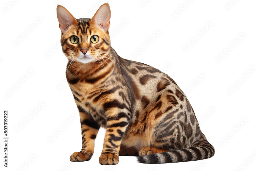 A beautiful bengal cat is sitting on a black background. The cat has green eyes and a spotted coat. A beautiful bengal cat is sitting on a black background. The cat has green eyes and a spotted coat.