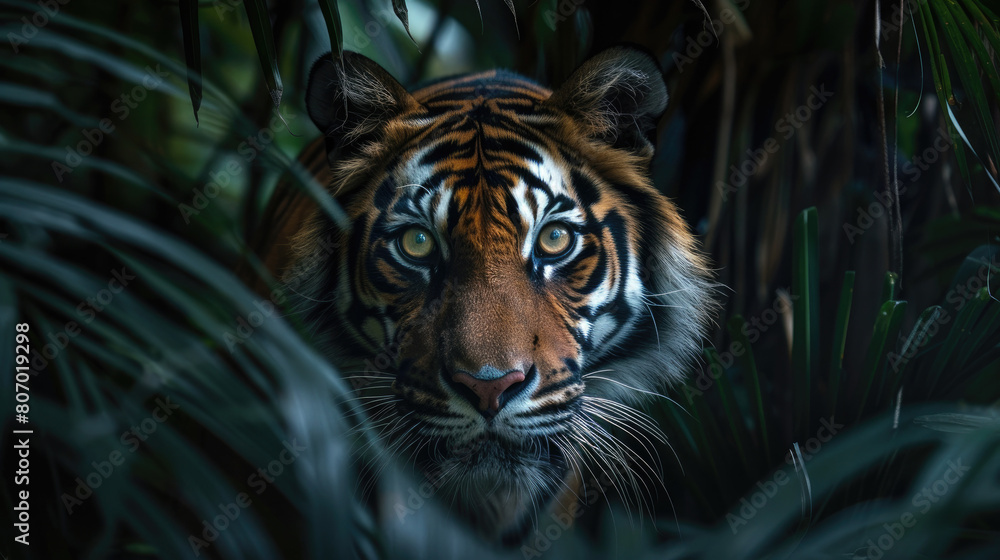 A tiger lurks from the shadows of the dense forest foliage A tiger lurks from the shadows of the dense forest foliage