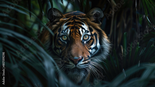 A tiger lurks from the shadows of the dense forest foliage