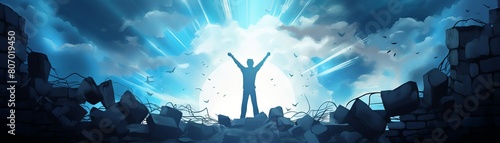 Silhouette of a person standing atop a broken wall, victorious pose with a radiant blue flare behind, overcoming past barriers