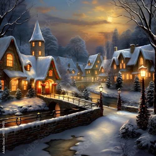 Winter village with houses and a bridge in the evening. Digital painting. © Michelle