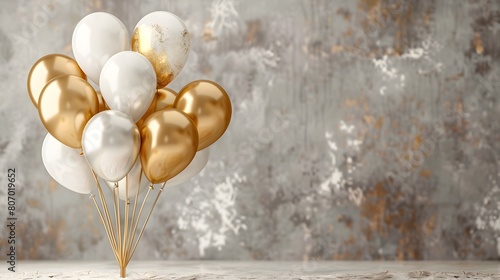 Invitation card with a lot of golden and white balloons, textured background, copy space for text. Birthday, promp and celebration concept.  photo