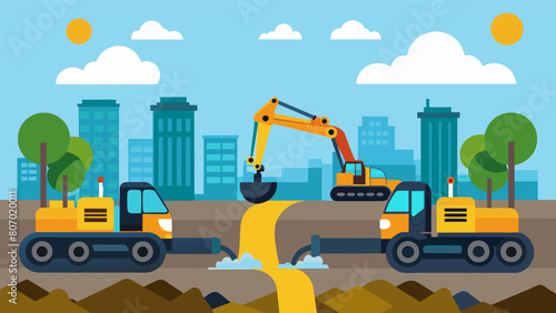 Excavators removing old damaged pipes and replacing them with new ones a crucial step in the citys infrastructure upgrade project to prevent water. Vector illustration