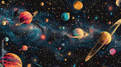 A vibrant pattern of colorful planets and galaxies set against a black background. Perfect for a captivating space-themed fabric design  evoking the enchanting beauty of the cosmos