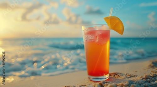 Refreshing summer drink with beach backdrop.