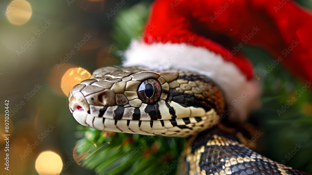 Snake Wearing Santa Hat Among Christmas Decorations Snake Wearing Santa Hat Among Christmas Decorations