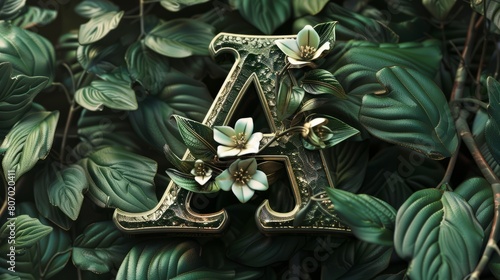 Garden blossoms: ornate 3d floral letter 'a' in medieval & nouveau style - green botanical alphabet collection, nature inspired decor for design and crafts - stock image
