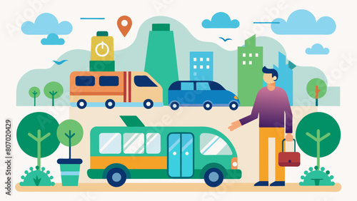 A person using public transportation or carpooling instead of driving alone reducing emissions and promoting shared resources..