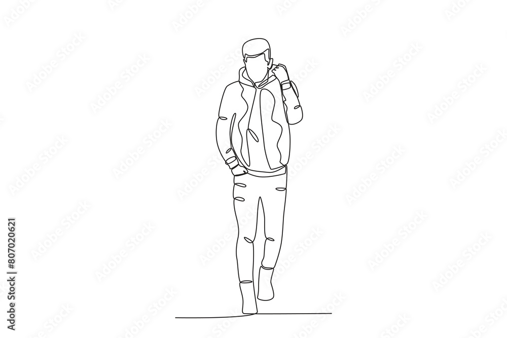 Continuous one line drawing of Man wearing sweater and jacket. Stylish accessories man and women. Dynamic one line draw graphic design vector illustration
