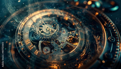 A surreal image of a giant gear emerging from the face of a pocket watch, connecting time with machinery