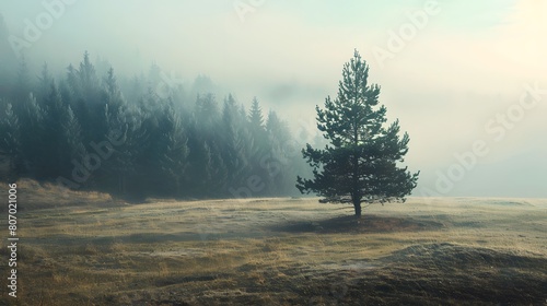 Lone Tree in Misty Meadow with Pine Forest Background
