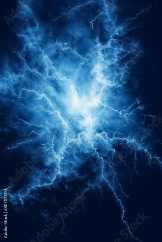 Lightning bolt or electric thunderbolt strikes in a stormy and cloudy blue night sky isolated on a dark background. Generative AI.