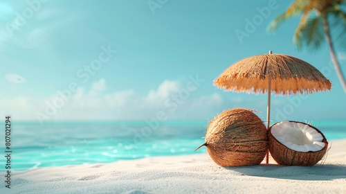coconut fruits shaped as beach elements with a sun umbrella, set against a minimalist, isolated background.ropical beach concept with summery and unique photo