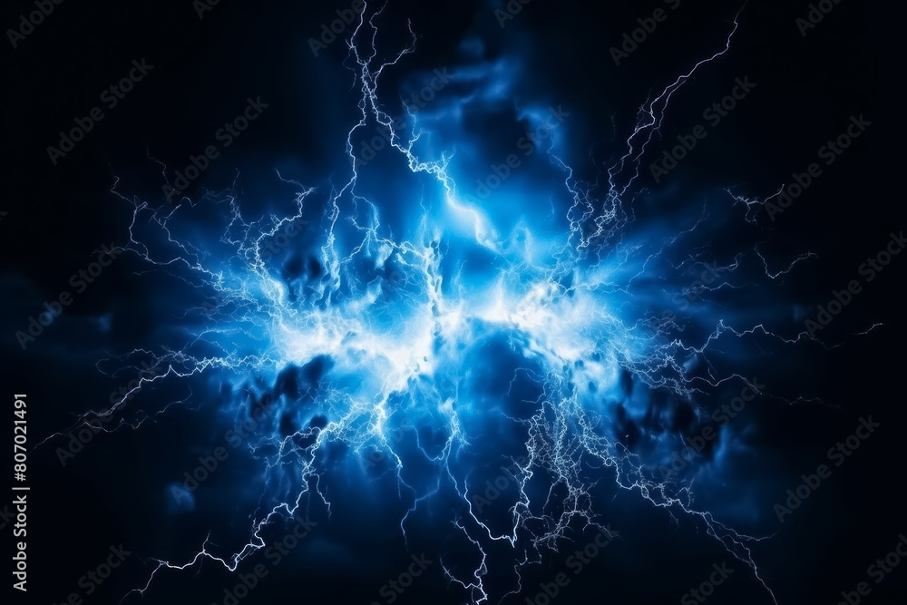 Lightning bolt or electric thunderbolt strikes in a stormy and cloudy blue night sky isolated on a dark background. Generative AI. Lightning bolt or electric thunderbolt strikes in a stormy and cloudy blue night sky isolated on a dark background. Generative AI.