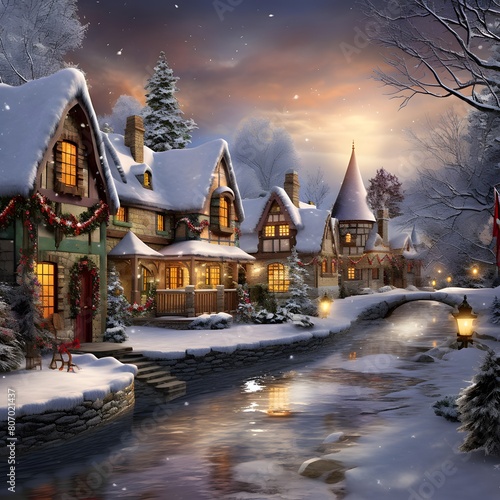 Winter night in a small village. Christmas and New Year background.
