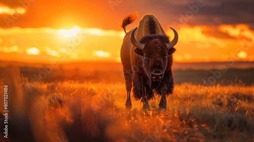 A majestic bison against the backdrop of a shining sunset on the savanna
