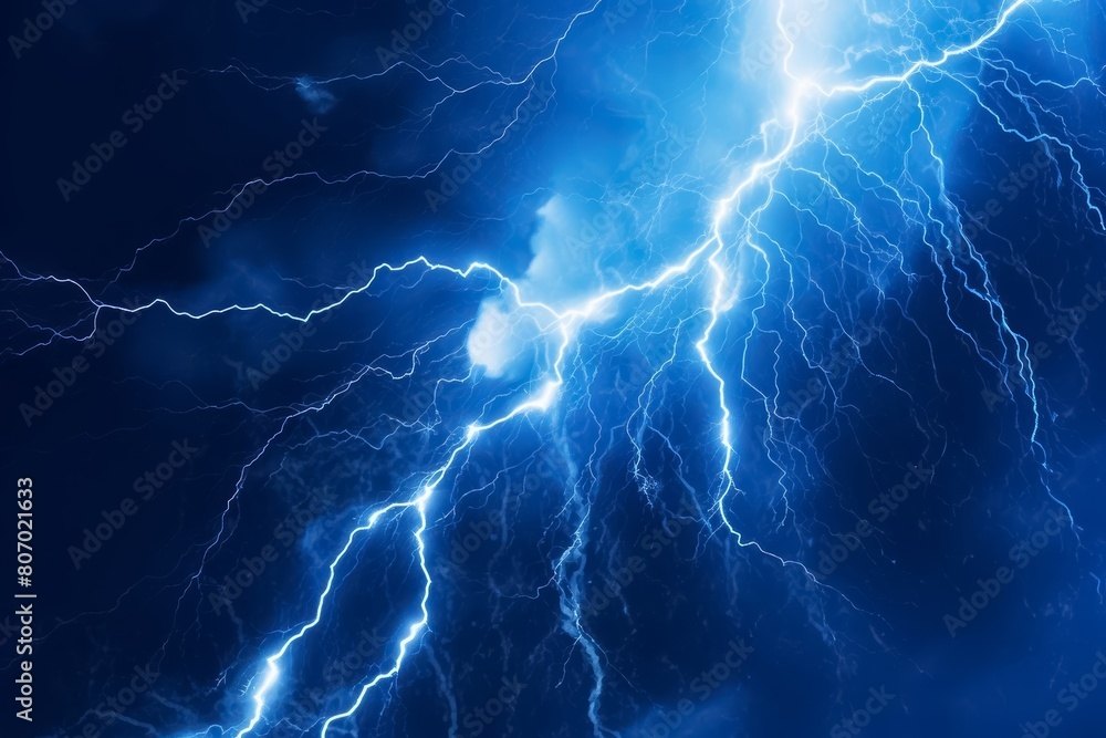 Lightning bolt or electric thunderbolt strikes in a stormy and cloudy blue night sky isolated on a dark background. Generative AI. Lightning bolt or electric thunderbolt strikes in a stormy and cloudy blue night sky isolated on a dark background. Generative AI.