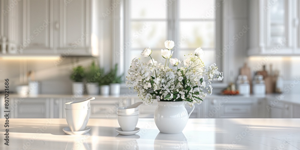 table with vase with white flowers in the kitchen table with vase with white flowers in the kitchen