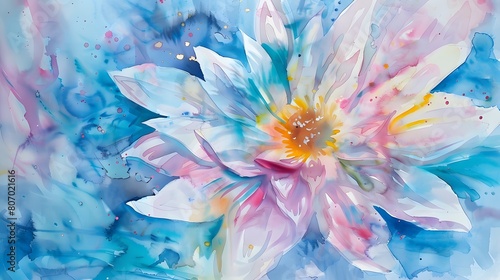 Beautiful Watercolor Painting of Vibrant Blue and Pink Flower with Abstract Background






