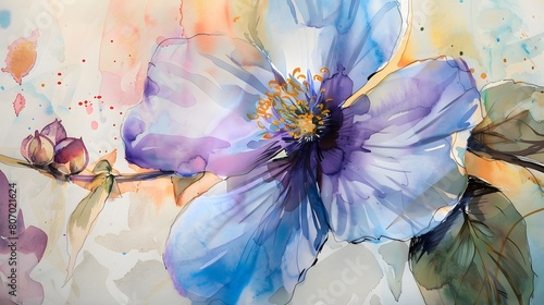 Vibrant Watercolor Painting of Purple and Blue Flower with Abstract Background