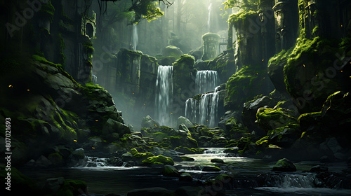 Mossy Waterfall Rocks: Depict the lush greenery surrounding falling water.