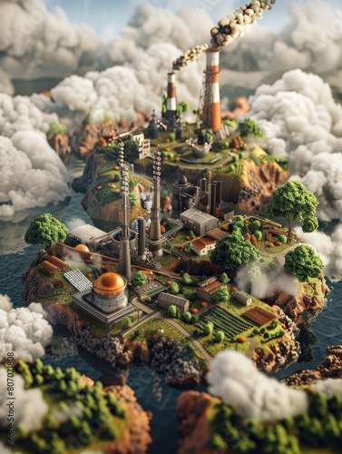 An intricate 3D model depicting an industrialized floating island with various environmental and technological elements. photo