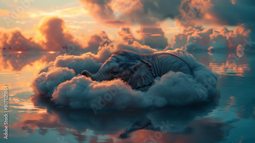 Little elephant curled up in a cloud cocoon. photo