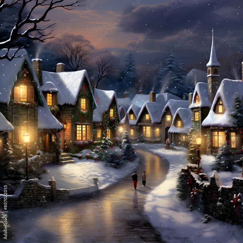 Digital painting of a winter village with snow covered houses at night.