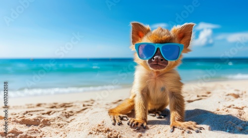   A dog wearing sunglasses on a beach against the backdrop of the ocean and sky © Jevjenijs