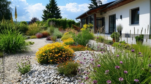 A garden featuring rocks and colorful flowers placed in front of a house, creating a beautiful and well-maintained outdoor space. © Emiliia