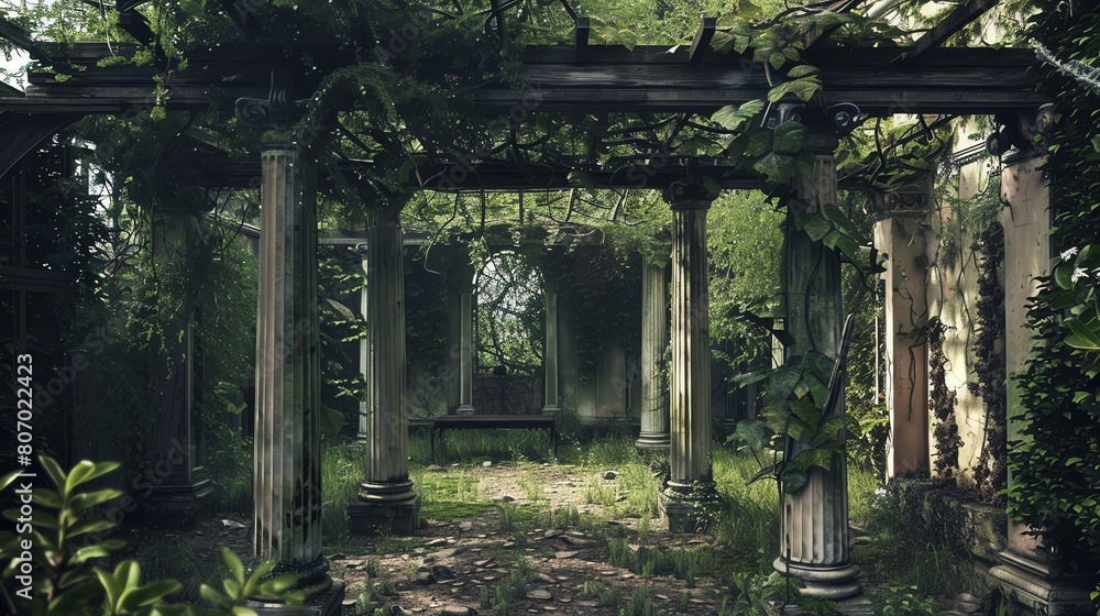 The image is a beautiful overgrown ruin. The once-grand structure is now covered in vines and moss, and the trees have grown up through the roof. The image is a beautiful overgrown ruin. The once-grand structure is now covered in vines and moss, and the trees have grown up through the roof.