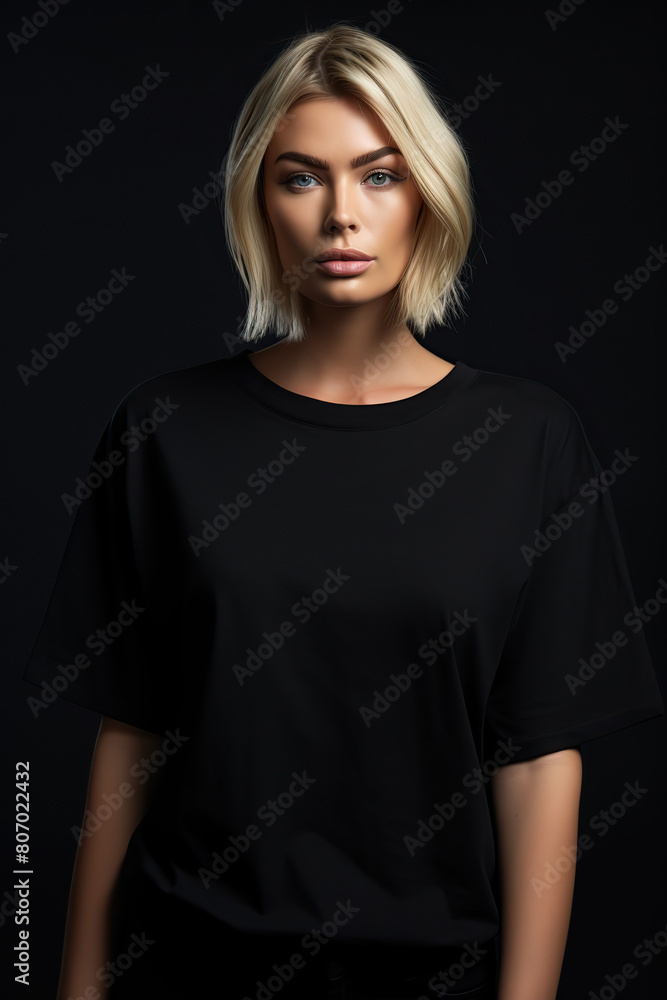 Portrait of a beautiful young woman wearing a black T-shirt and sunglasses Portrait of a beautiful young woman wearing a black T-shirt and sunglasses