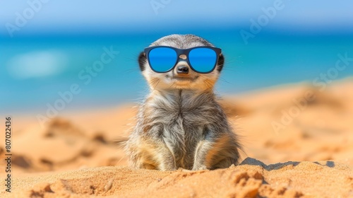   Meerkat in sunglasses, sits on sandy beach, ocean behind