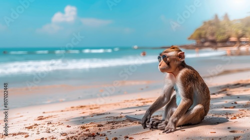  A monkey in sunglasses sits on a sandy beach beside the ocean