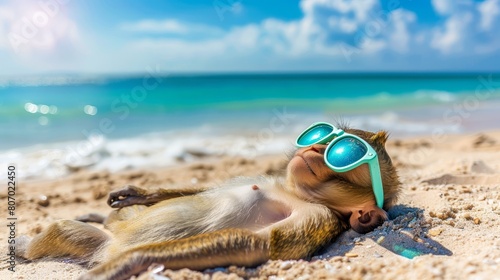 A monkey reclines in the sand, donning sunglasses atop its head and holding a toothbrush in its mouth