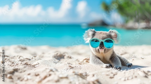   Koala in sunglasses on sandy beach, blue sky, ocean background